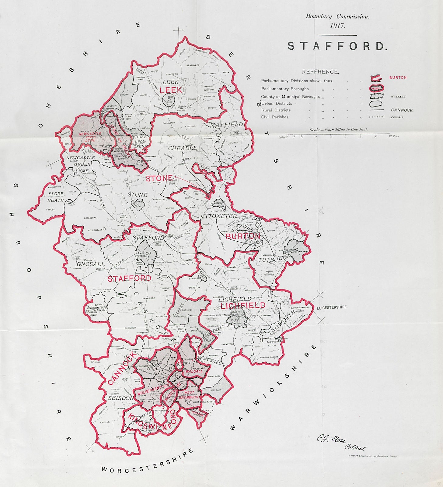 Staffordshire Parliamentary County. BOUNDARY COMMISSION. Close 1917 old map